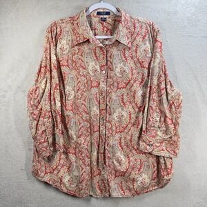Chaps 3/4 Sleeve Blouse‎ Size 2X Fall Paisley Print Button Front Cotton